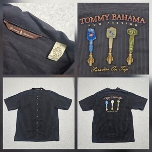 Tommy Bahama Mens Large  Black Silk Shirt  Paradise On Tap Hawaiian